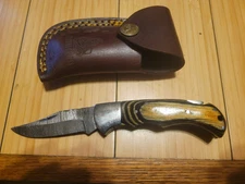 JW Steel Crafts Damascus Pocket Knife Tan Wood & Dark Wood Handle