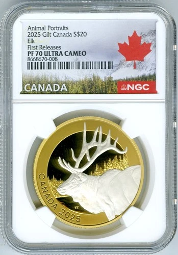2025 $20 CANADA 1 OZ SILVER PROOF GILT NGC PF70 UCAM ANIMAL PORTRAITS ELK - FR