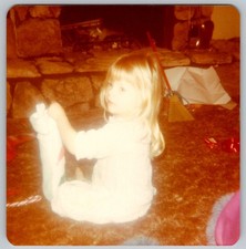Vtg Color Snapshot Blonde Girl In Pajamas Stocking Fireplace Christmas 1970s