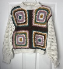 Zara Kids Cream/Brown Knit Granny Squares Sweater Girls 13-14 Pullover