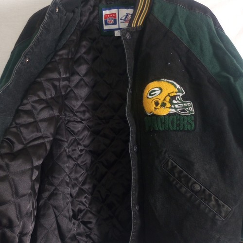 Giacca vintage logo atletica verde Bay Packers Varsity grande nera scamosciata verde - Foto 9 di 13