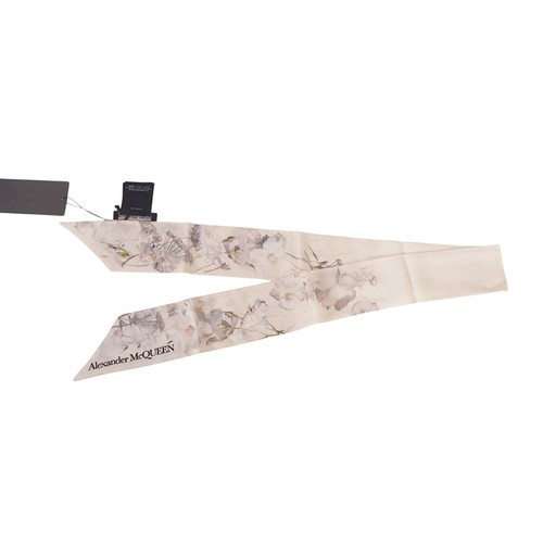 NEW $185 ALEXANDER MCQUEEN Ivory OPHELIA FLORAL PRINT Twill Slender NECK SCARF - Picture 6 of 12