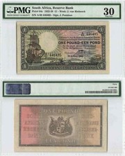 1935 South African Reserve Bank One Pound Banknote Sailing Ship P# 84c PMG VF 30