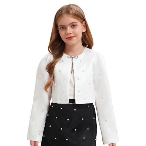 Kid Girl Shrug Pearls Decorated Cardigan Church Wrap All-matched Bolero Satin - Picture 12 of 41