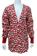 Christmas Santa Print Scrub Top Jacket Size M Red V Neck Peaches Uniforms