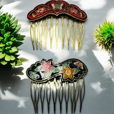 2 Vtg Cloisonne Butterfly Floral Hair Combs Enamel Brass Tone Black Red Green