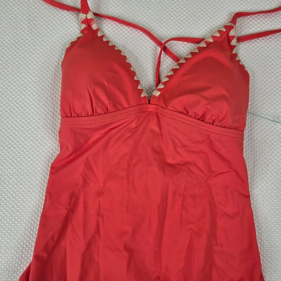 Traje de baño de una pieza Lucky Brand espalda cruzada coral naranja para mujer talla pequeña Foto 3 de 4
