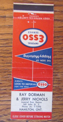 RAY DOORMAN & JERRY NICHOLS ESSO GAS STATION MATCHBOOK COVER: HAMILTON, ON -B8