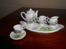 Vintage Hand-painted Artist Signed Purple Iris Miniature Tea Set 7 pcs