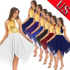 US Womens Adult Metallic Color Block Praise Dance Dresses Liturgical Dancewear