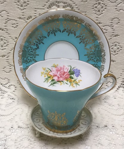 Vintage Royal Stafford Tea Cup & Saucer Set Turquoise Aqua Pink Carnations #2104 - Picture 1 of 13