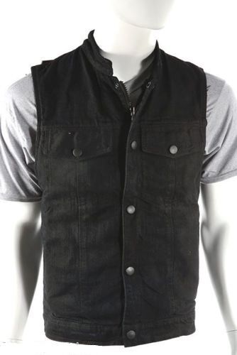 Mens Black Denim  Collarless Motorcycle Club Biker Vest - Gun Pocket - Afbeelding 1 van 3