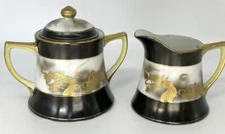 Antique Hand Painted Nippon Gold Dragon Creamer Lidded Sugar Bowl Blue Stamp