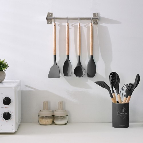 14x Silicone Kitchen Cooking Utensils Set with wooden Holder Pot Gray Pink Green - Picture 7 of 28