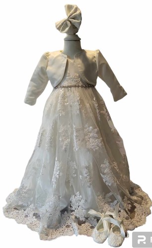 Baby Taufkleid Gr.74 Spitze lang Stirnband Bolero Schuhe Taufoutfit 4tlg ivory - Bild 6 von 14