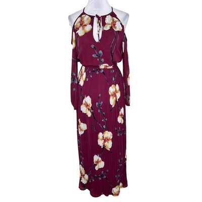 Le Chateau Pleated Maxi Dress XXS Burgundy Floral Cold Shoulder Blouson Chic New