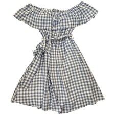 Anthropologie Dress Boho XL Off Shoulder Blue White Gingham Tie Waist Cottage