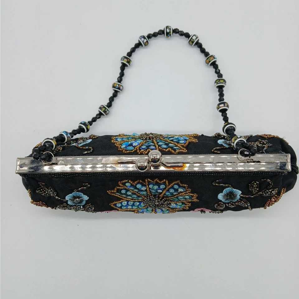 Bolso sin asas vintage satinado femenino delicado adornado lentejuelas cuentas broche beso Foto 3 de 4