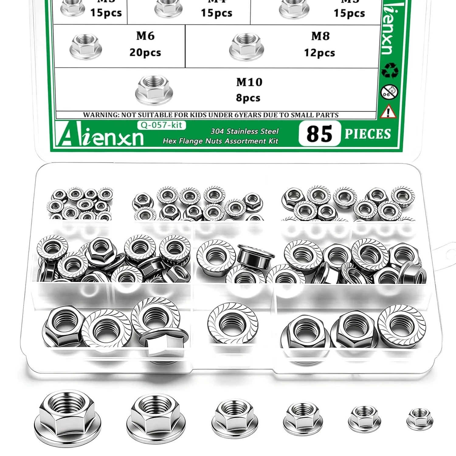 85PCS 6 Metric Sizes 304 Stainless Steel Hex Flange Nuts Assortment Kit-M3 M4 M5 - product detail image 1