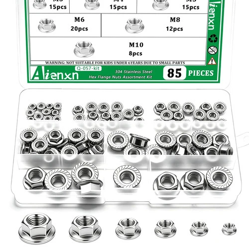 85PCS 6 Metric Sizes 304 Stainless Steel Hex Flange Nuts Assortment Kit-M3 M4 M5 video thumbnail