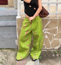 Women's Green Cotton Blend Straight Leg Floral Printed Pockets Pants Trousers