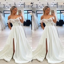 Beach Wedding Dresses Off Shoulder Side Splited A Line Boho Satin Bridal Gowns