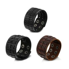 3PCS Punk Wide Leather Cuff Bracelet Wristband Bangle with Snap Buttons Men's
