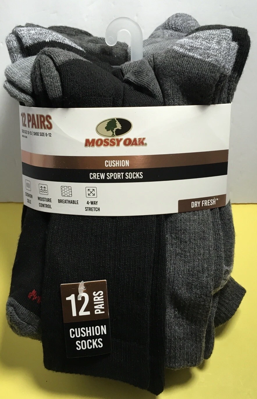 12 PAIRS MOSSY OAK MENS CUSHION CREW SPORT SOCKS Black & Grays Dry Fresh NWT
