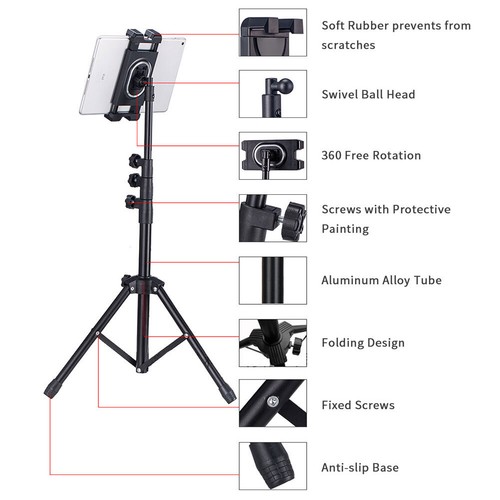 Adjustable Floor Tripod Stand Carrying Music Bracket for iPad 4.7-12.9" Tablets - Picture 10 of 12