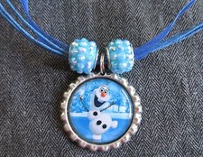 Navy Blue Ribbon Bottle Cap Charm Necklace Beads Frozen Ice Skating Snowman Olaf