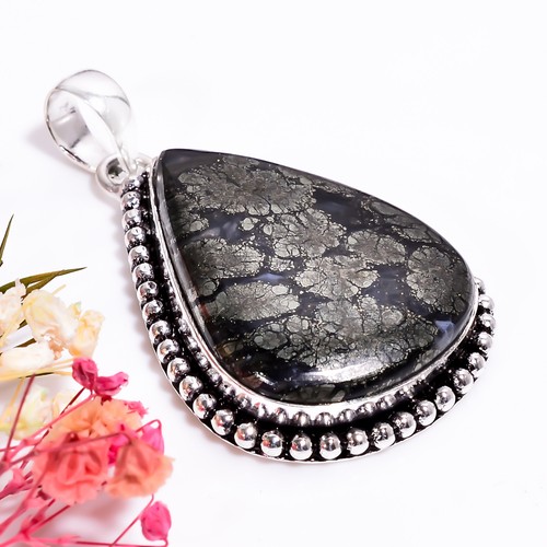 Bleu Dentelle Agate, Lune Pierre Précieuse 925 Argent Pendentif E-14