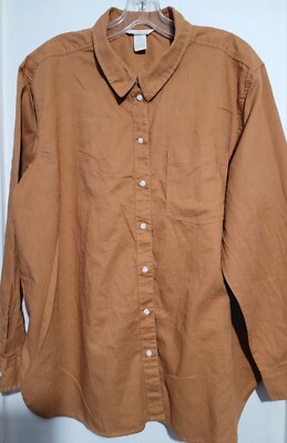 H&M Tunic Shirt Womens Size Large Rust Linen Blend Oversized Long Sleeve Pocket 