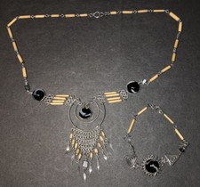 Peruvian Style BOHO Serpentine Stone Bamboo 20”Necklace 7”Bracelet Preowned