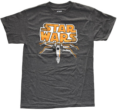 Star Wars X-Wing below Orange SW Logo Men's Charcoal Heather T-Shirt New