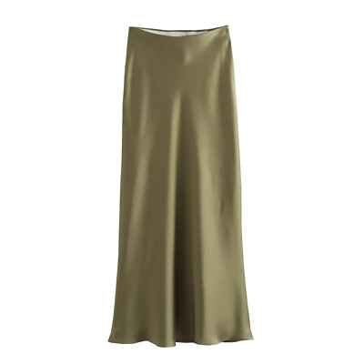 Damenmode Satin Plissee Midi Rock Vintage Herbst elastische Taille, schick einfarbig 