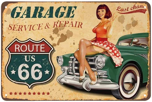 Garage Service & Repair Route 66 Retro Vintage Tin Metal Sign 12" X 8" Pin Up