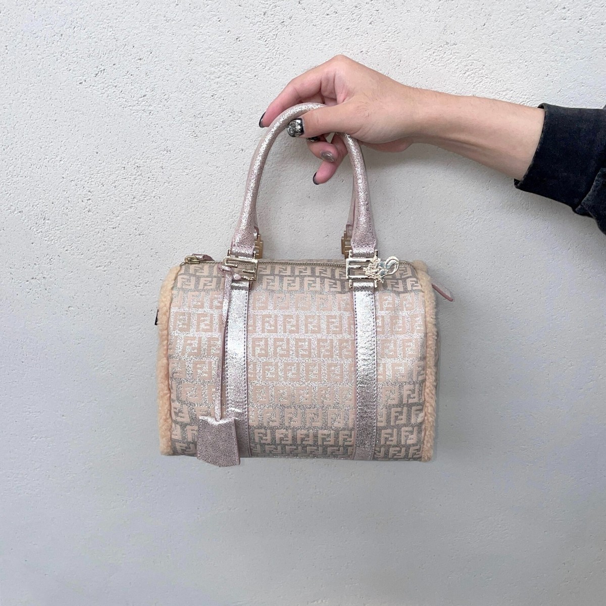 RAREAuth FENDI Zucchino Canvas Boston Handbag PM Pink/ Silver