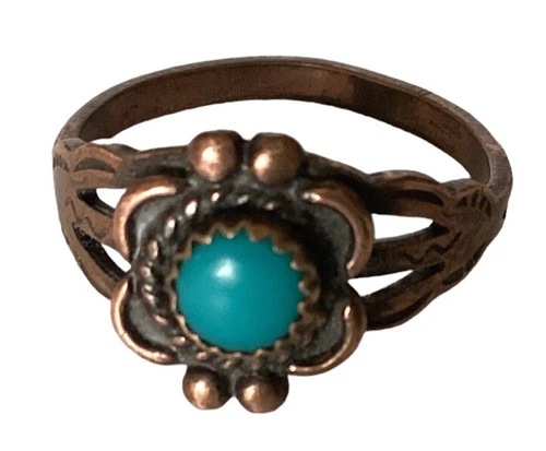 Vintage Copper Turquoise Flower Ring Southwestern 1/2" size 6