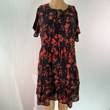 Vintage Womens Flutter Sleeves Floral Print Black Fit & Flare Dress Size Medium