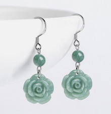 Natural Myanmar Jade Silvering Rose Pendant Earrings