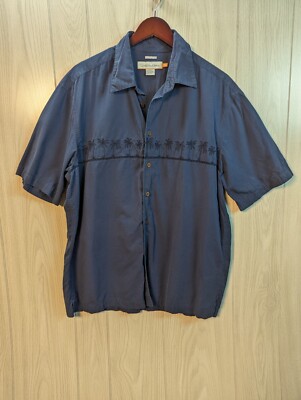Quicksilver Edition Aloha Button Up Shirt Navy Blue Embroidered Men's Large