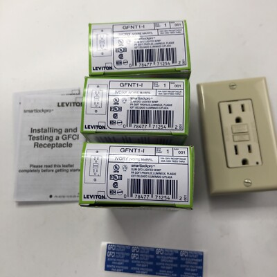 #ad 3 Leviton GFNT1 I GFCI 15 Amp Self Test SmartlockPro Slim Duplex Outlet Ivory $37.99