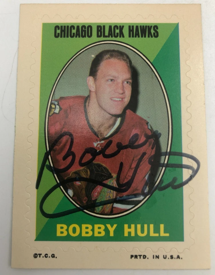 Tarjeta de hockey auténtica Bobby Hull 1970 Topps OPC pegatina autógrafo firma JSA Foto 2 de 4