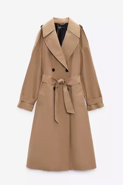 ZARA WOMEN NEW BELTED TECHNICAL TRENCH COAT TAUPE BROWN CAMEL 8073/046 XS