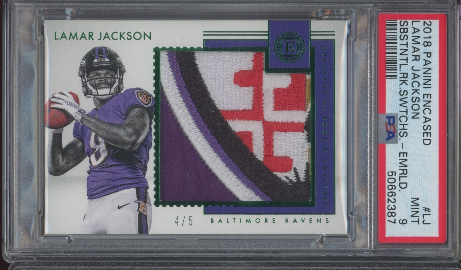 Lamar Jackson Panini Encased Substantial Rookie Swatches #LJ Emerald