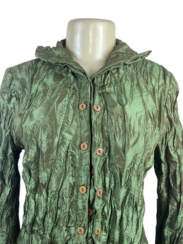 Blusa para mujer Ki Meng verde metálica arrugada abotonada con mangas de poeta - Imagen 4 de 9