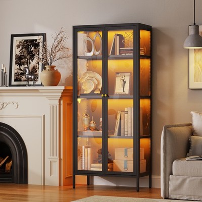 LED Metal Display Cabinet w/3-Sided Glass Adjustable Shelves & Feet Storage Case
