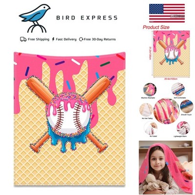 Pink Baseball Drip Ice Cream Throw Blanket 40x50in Cozy Flannel Gift