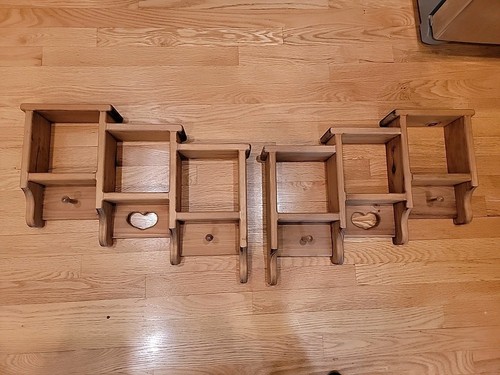 Pair Of Wood Wall Shelves Knick Knack Heart Display Shelf Pegs Rustic 22"x17"