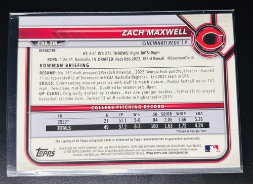 ZachMaxwell 2022 Bowman Chrome 1ST  Bowman Refractor Autograph Auto /499 Reds - Picture 3 of 3
